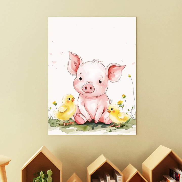 Nursery wall art poster with a cute baby pig and two yellow chicks sitting on green grass with flowers