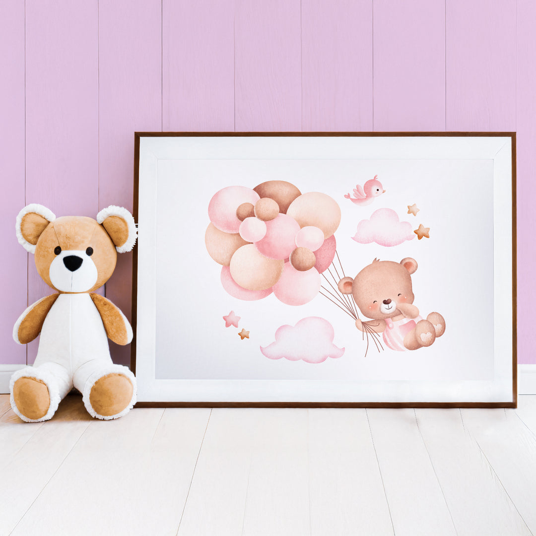 Pink Balloon Bear Nursery Poster – Cute Kids Room Wall Art with Clouds and Stars - iCustomLabel