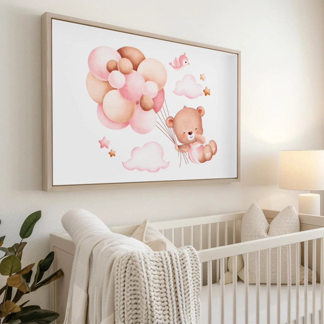 Pink Balloon Bear Nursery Poster – Cute Kids Room Wall Art with Clouds and Stars - iCustomLabel
