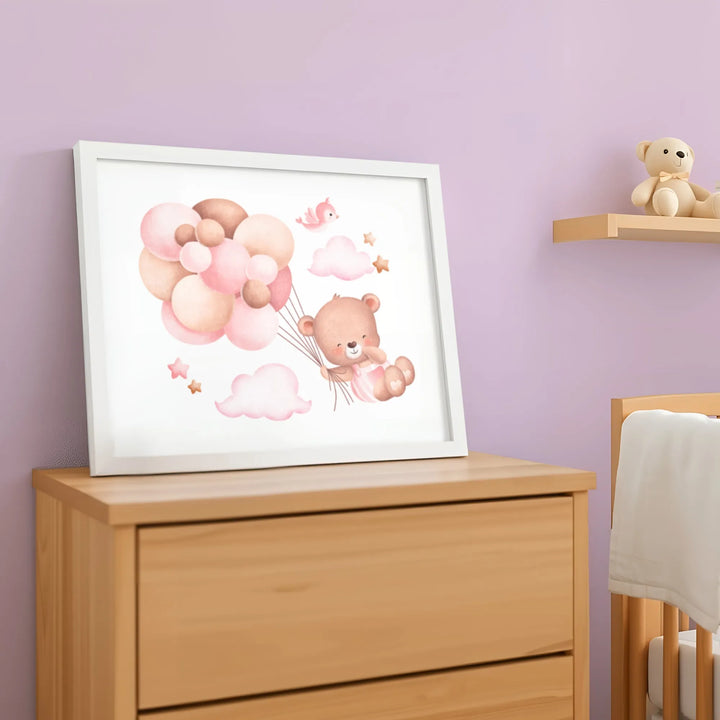 Pink Balloon Bear Nursery Poster – Cute Kids Room Wall Art with Clouds and Stars - iCustomLabel