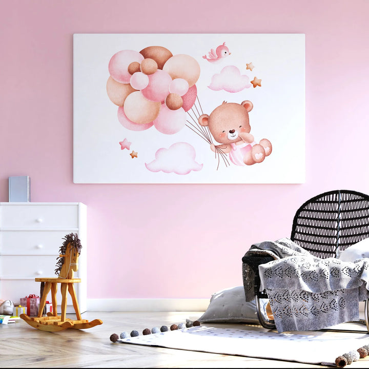 Pink Balloon Bear Nursery Poster – Cute Kids Room Wall Art with Clouds and Stars - iCustomLabel