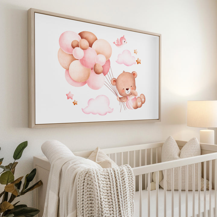 Pink Balloon Bear Nursery Poster – Cute Kids Room Wall Art with Clouds and Stars - iCustomLabel