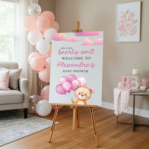 Pink Bearly Wait baby shower welcome sign, personalized
