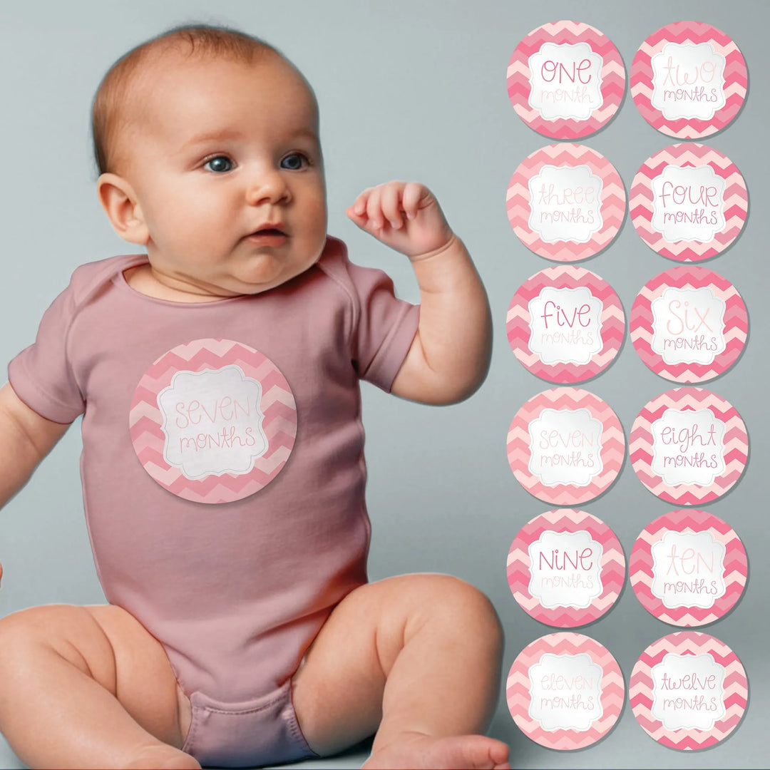 Pink Blush Chevron Baby Month Stickers - iCustomLabel