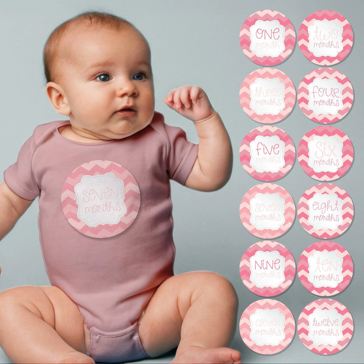 Pink Blush Chevron Baby Month Stickers - iCustomLabel