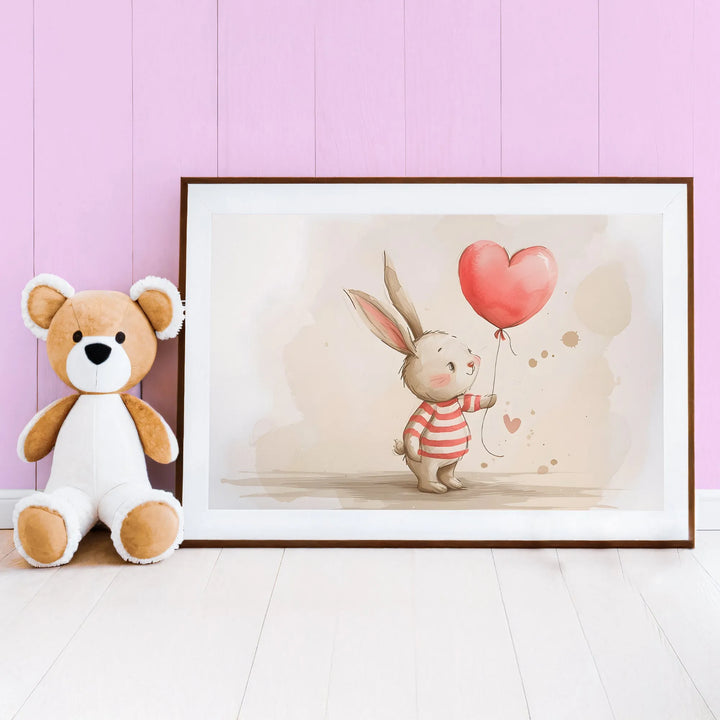 Pink Bunny Balloon Nursery Poster – Cute Kids Room Wall Art - iCustomLabel