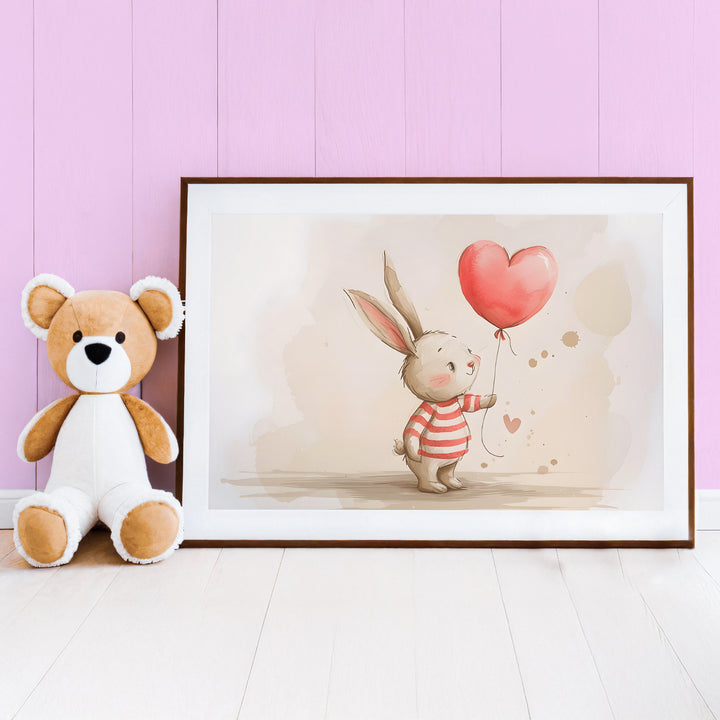 Pink Bunny Balloon Nursery Poster – Cute Kids Room Wall Art - iCustomLabel