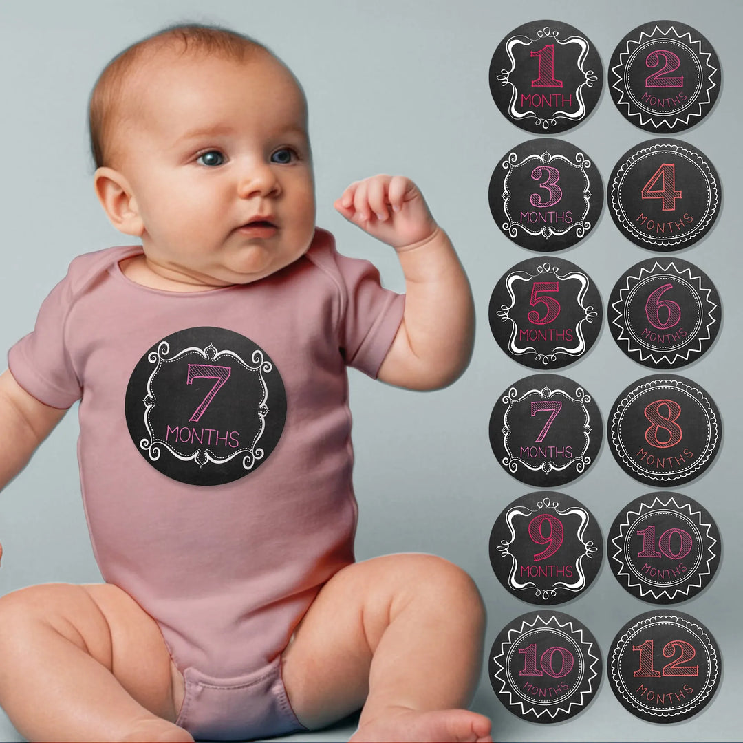 Pink Chalkboard Baby Month Stickers - iCustomLabel