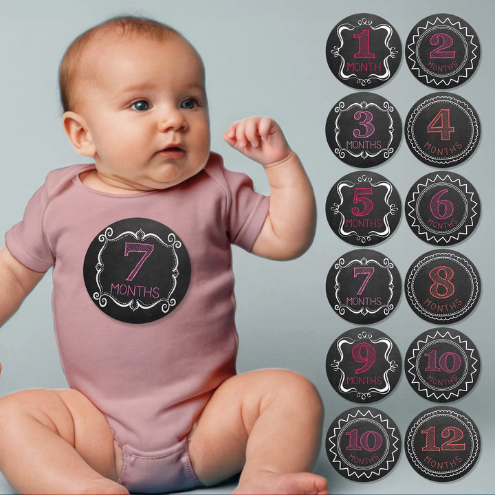 Pink Chalkboard Baby Month Stickers - iCustomLabel