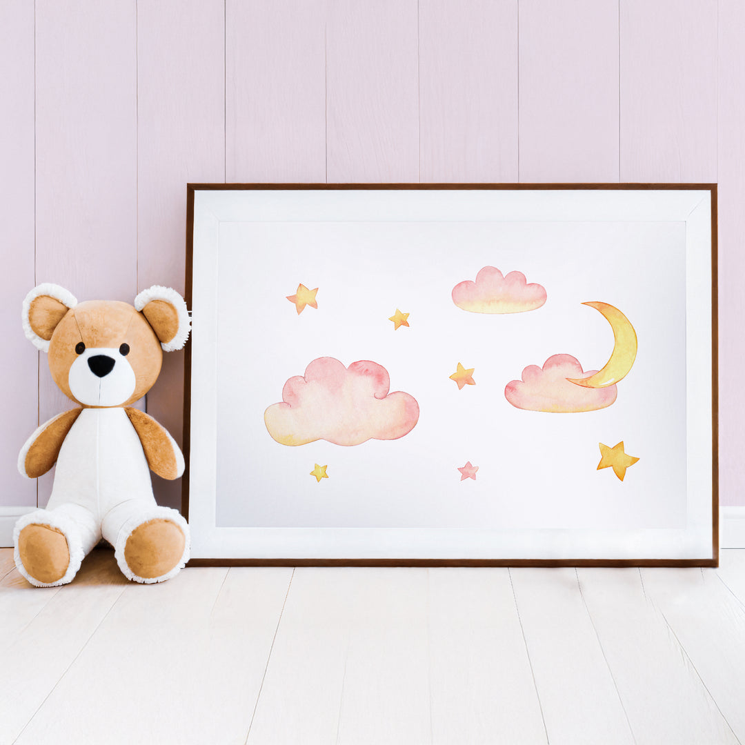 Pink Clouds and Stars Nursery Poster – Watercolor Wall Art with Moon - iCustomLabel