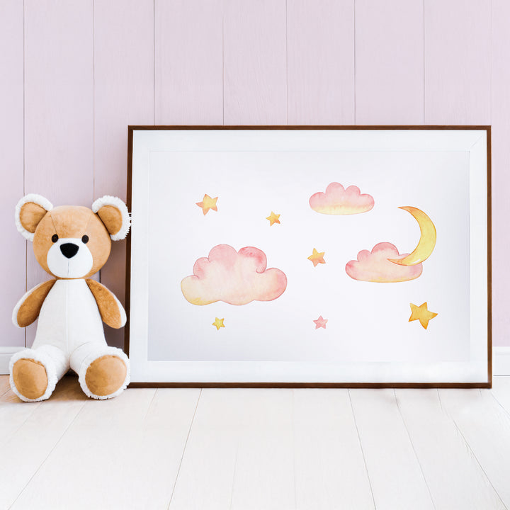 Pink Clouds and Stars Nursery Poster – Watercolor Wall Art with Moon - iCustomLabel