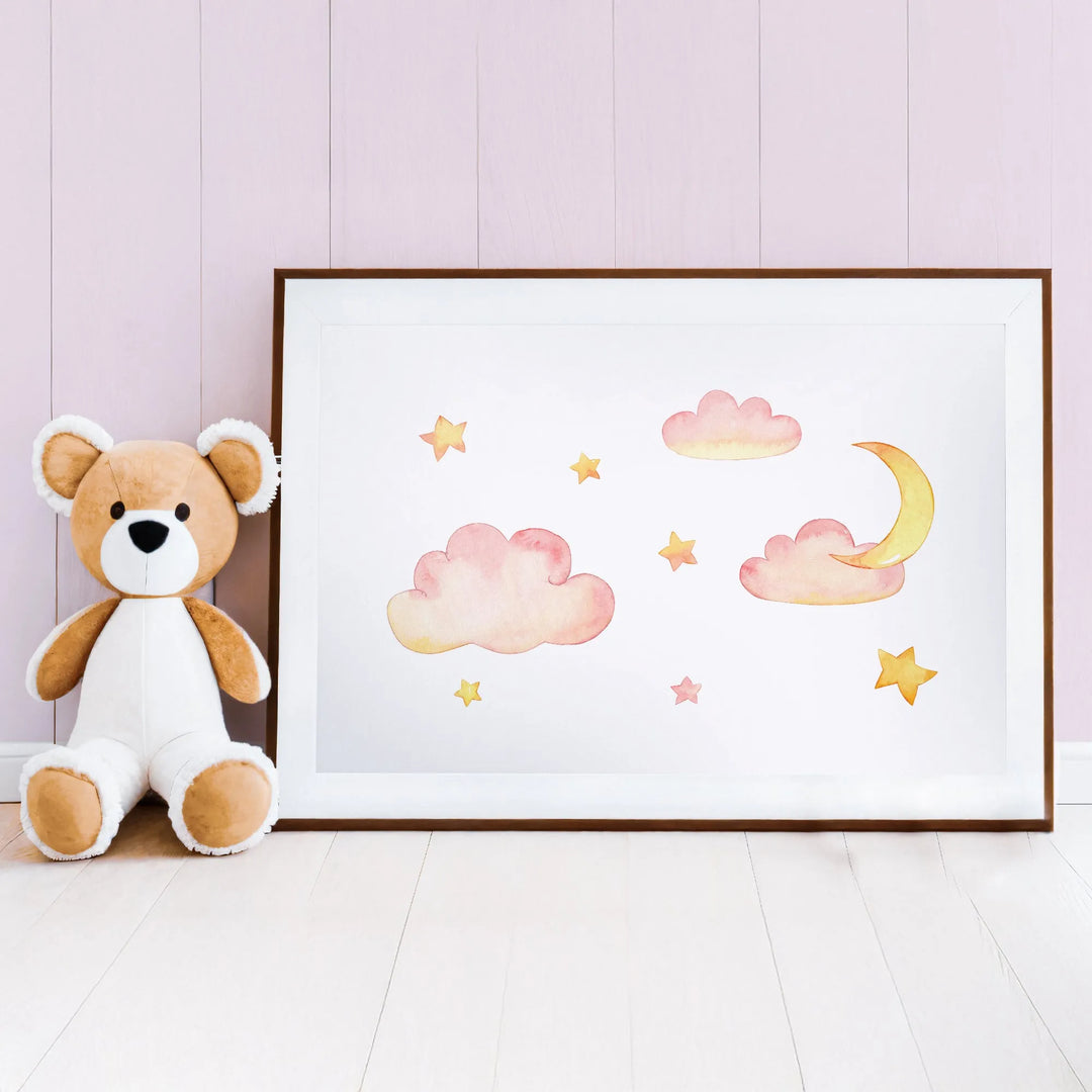 Pink Clouds and Stars Nursery Poster – Watercolor Wall Art with Moon - iCustomLabel