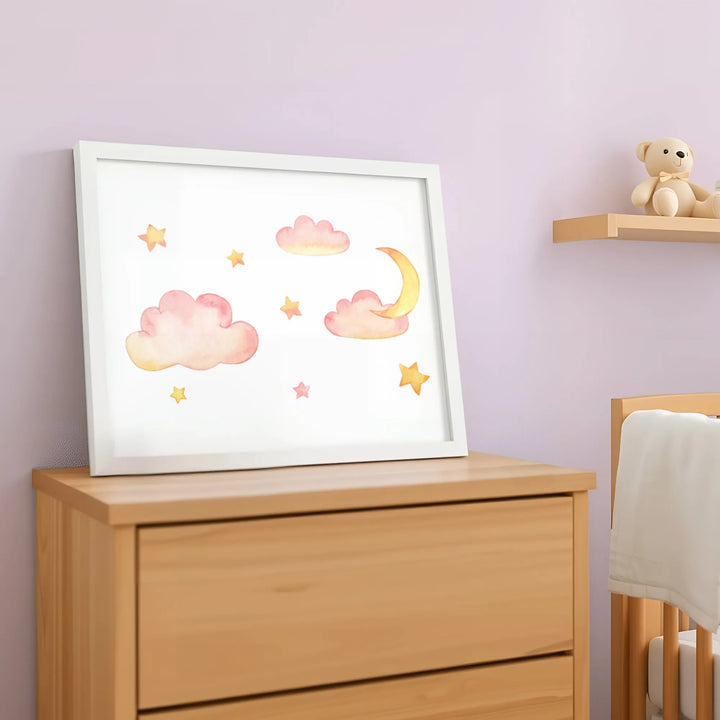 Pink Clouds and Stars Nursery Poster – Watercolor Wall Art with Moon - iCustomLabel