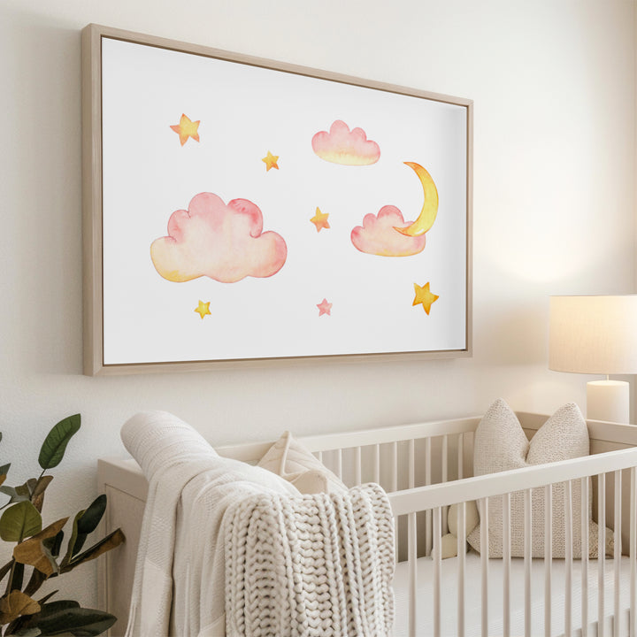 Pink Clouds and Stars Nursery Poster – Watercolor Wall Art with Moon - iCustomLabel