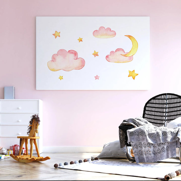 Pink Clouds and Stars Nursery Poster – Watercolor Wall Art with Moon - iCustomLabel