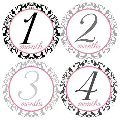 Pink Damask Baby Month Stickers - iCustomLabel