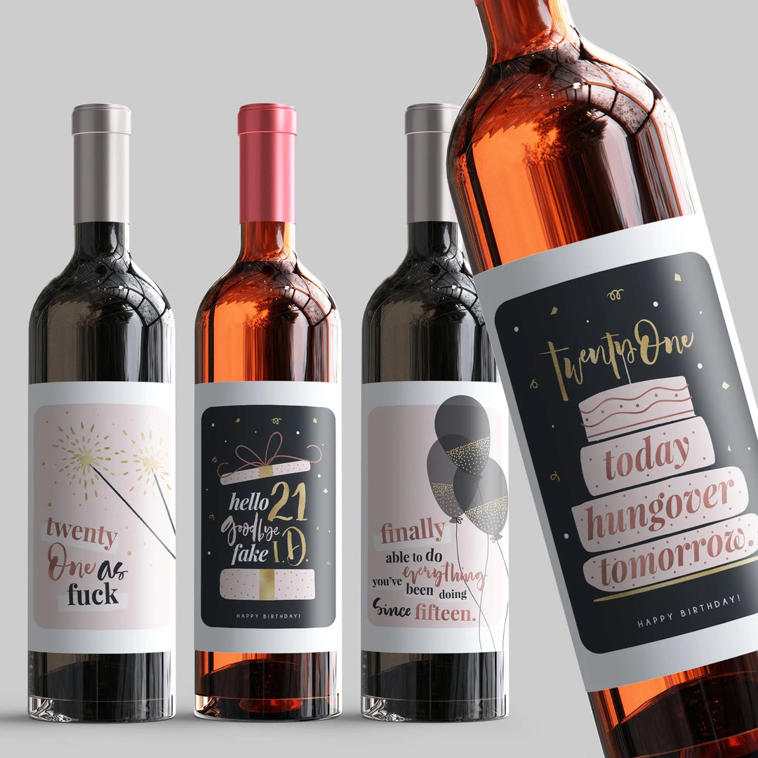 Pink Girl 21st Birthday Birthday Wine Label Set - iCustomLabel