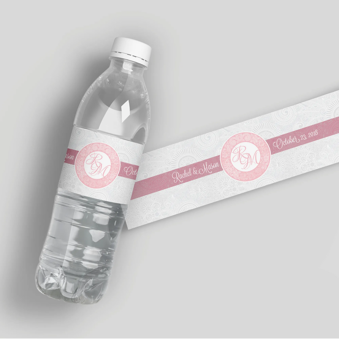 Pink Lace Monogram Water Bottle Labels - iCustomLabel