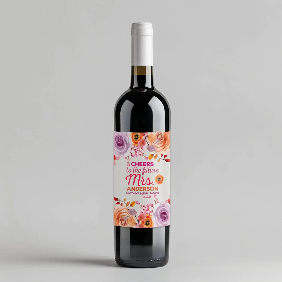 Pink Orange Floral Bridal Shower Wine Label - iCustomLabel