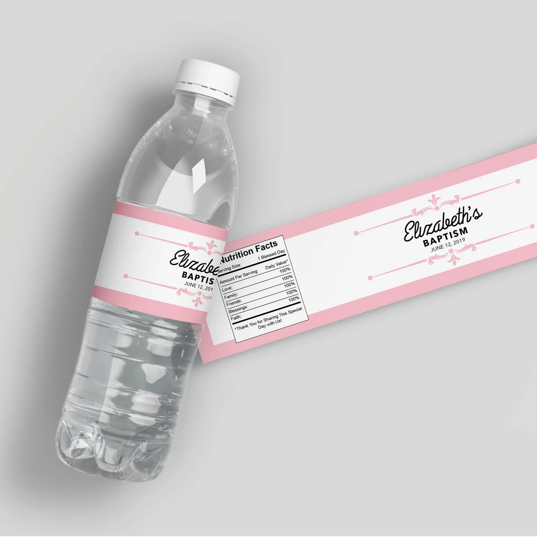 Pink Ornate Baptism Water Bottle Labels - iCustomLabel