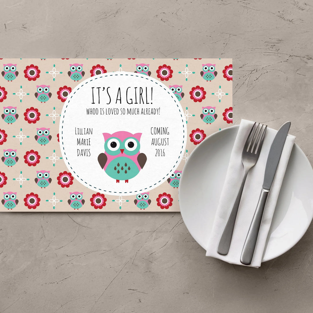 Pink Owl Baby Shower Placemats - iCustomLabel