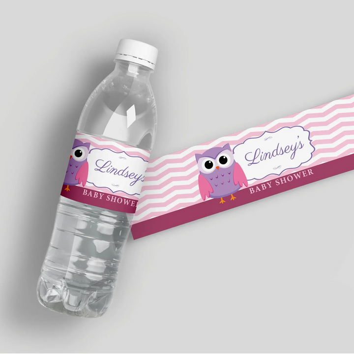 pink-owl-baby-shower-water-bottle-labels-icustomlabel-1 - iCustomLabel