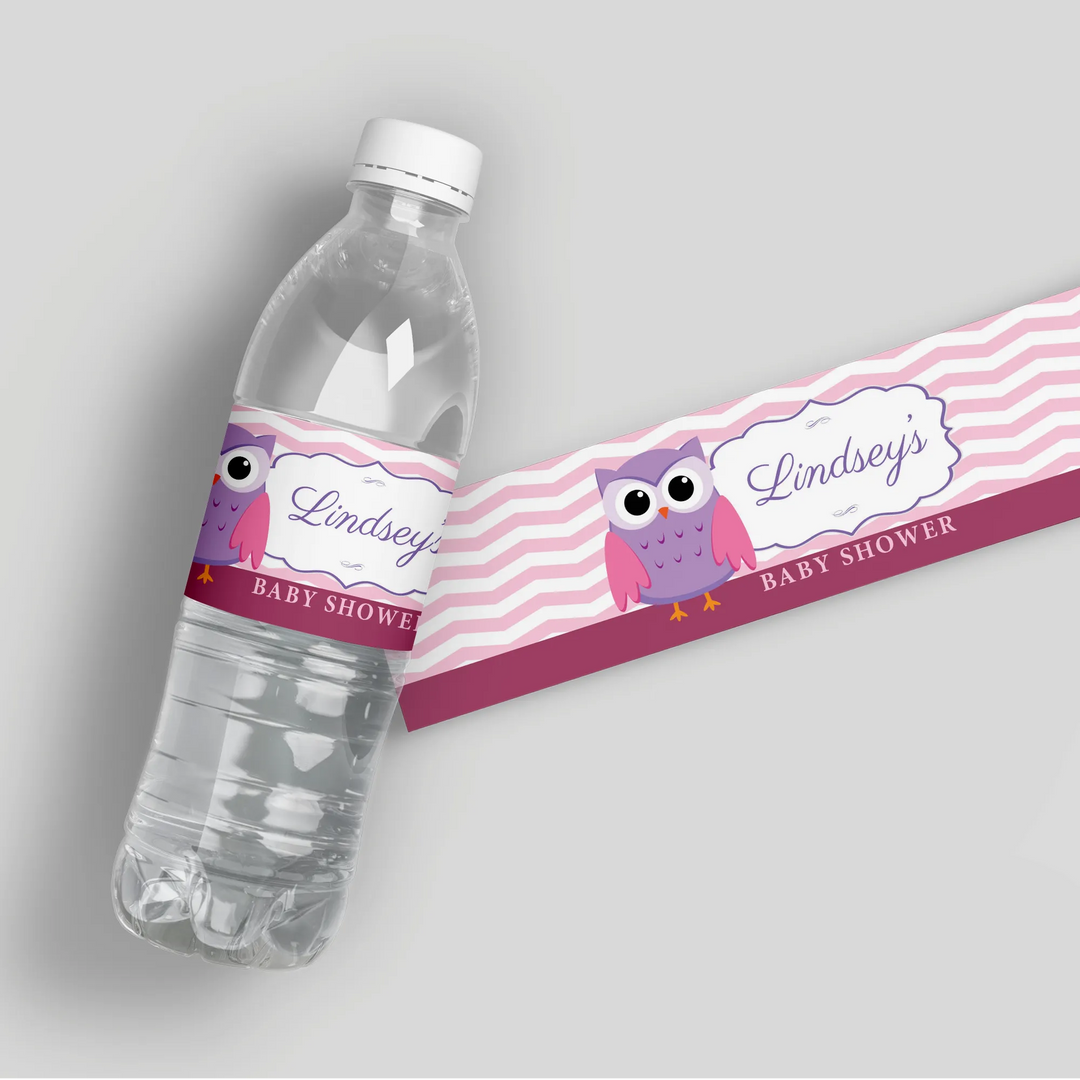 Pink Owl Baby Shower Water Bottle Labels - iCustomLabel