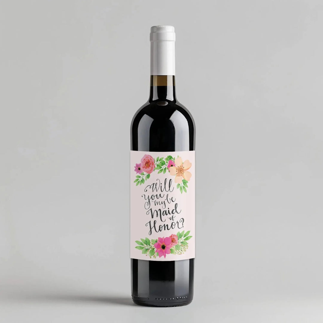 Pink Vintage Flowers Maid of Honor Wine Label - iCustomLabel