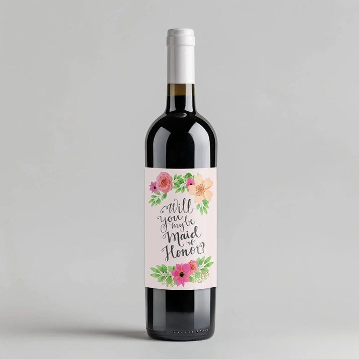 Pink Vintage Flowers Maid of Honor Wine Label - iCustomLabel