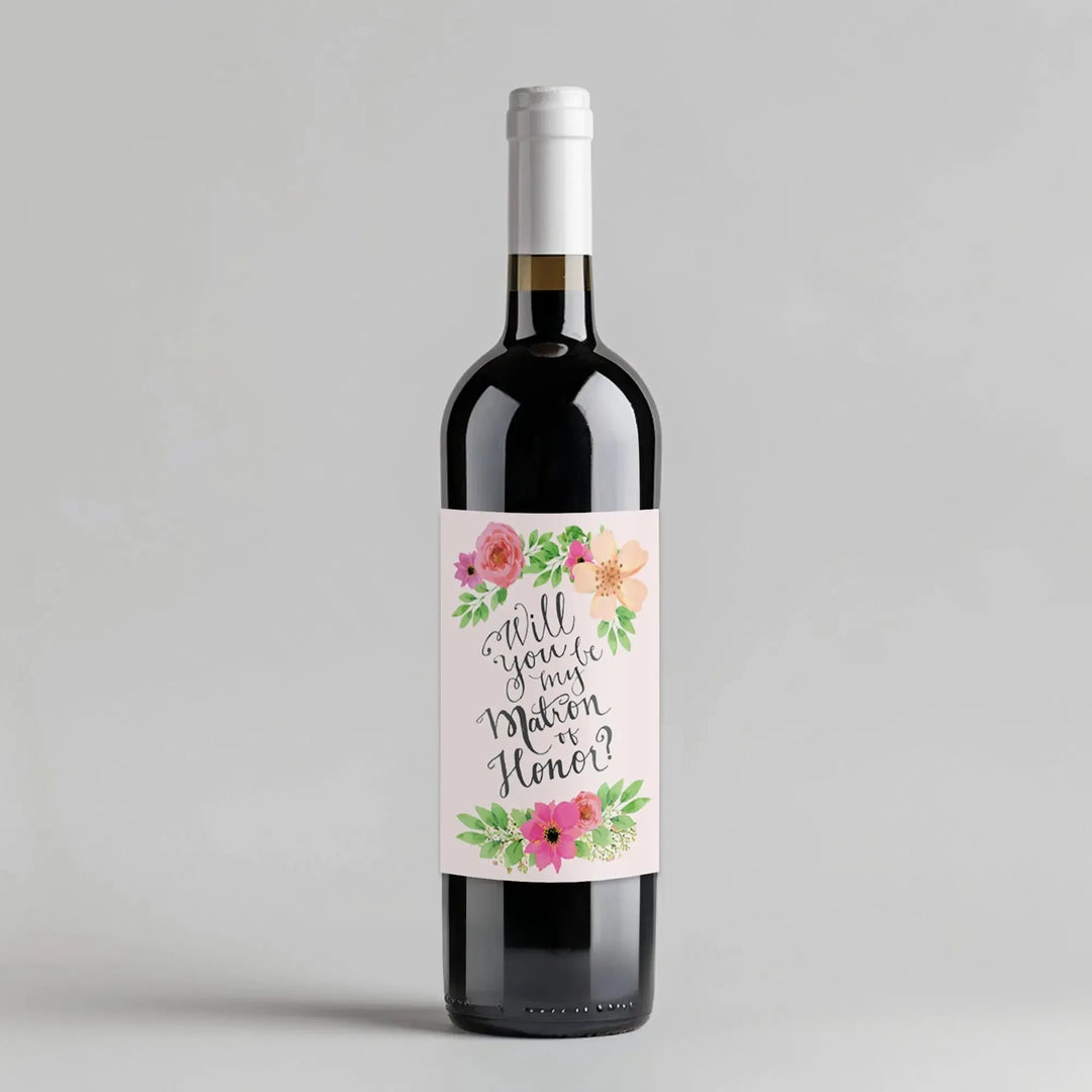 Pink Vintage Flowers Matron of Honor Wine Label - iCustomLabel