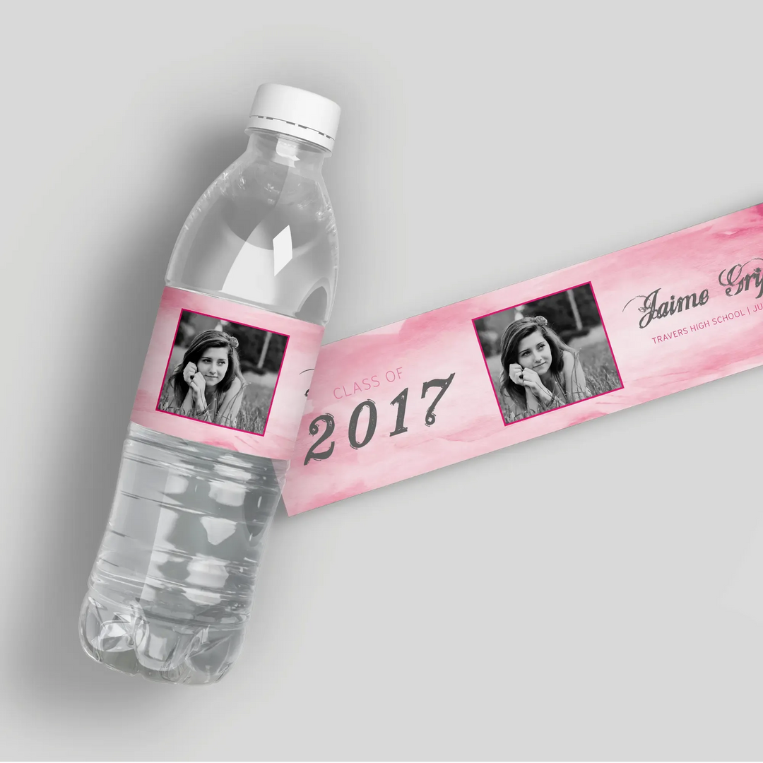 Pink Watercolor Graduation Water Bottle Labels - iCustomLabel