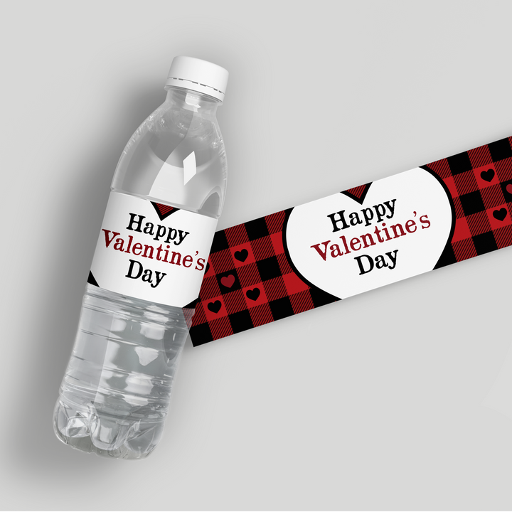 Plaid Hearts Valentine Water Bottle Labels