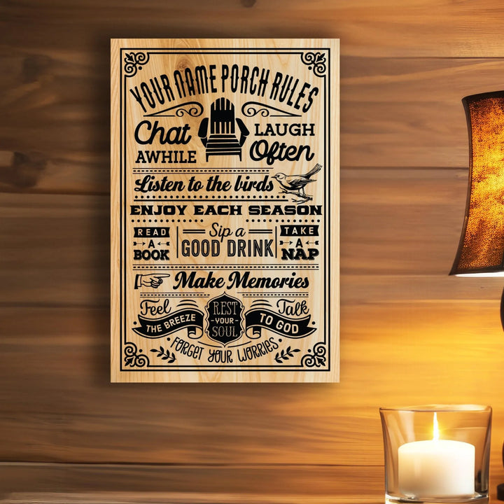 Wooden porch rules sign with relaxing messages and rustic decor on wood background