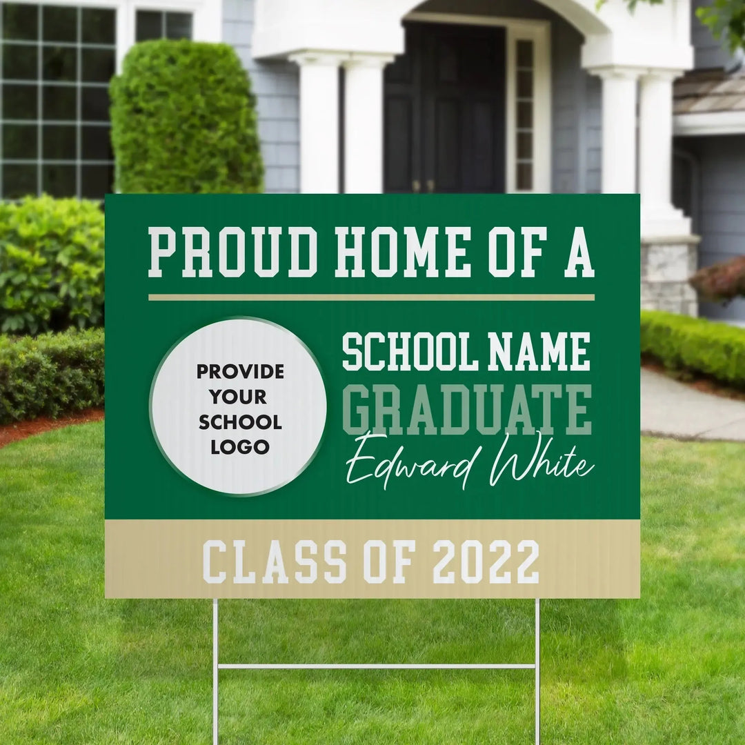 Green and beige customizable lawn sign for 2022 graduate Edward White with space for school logo