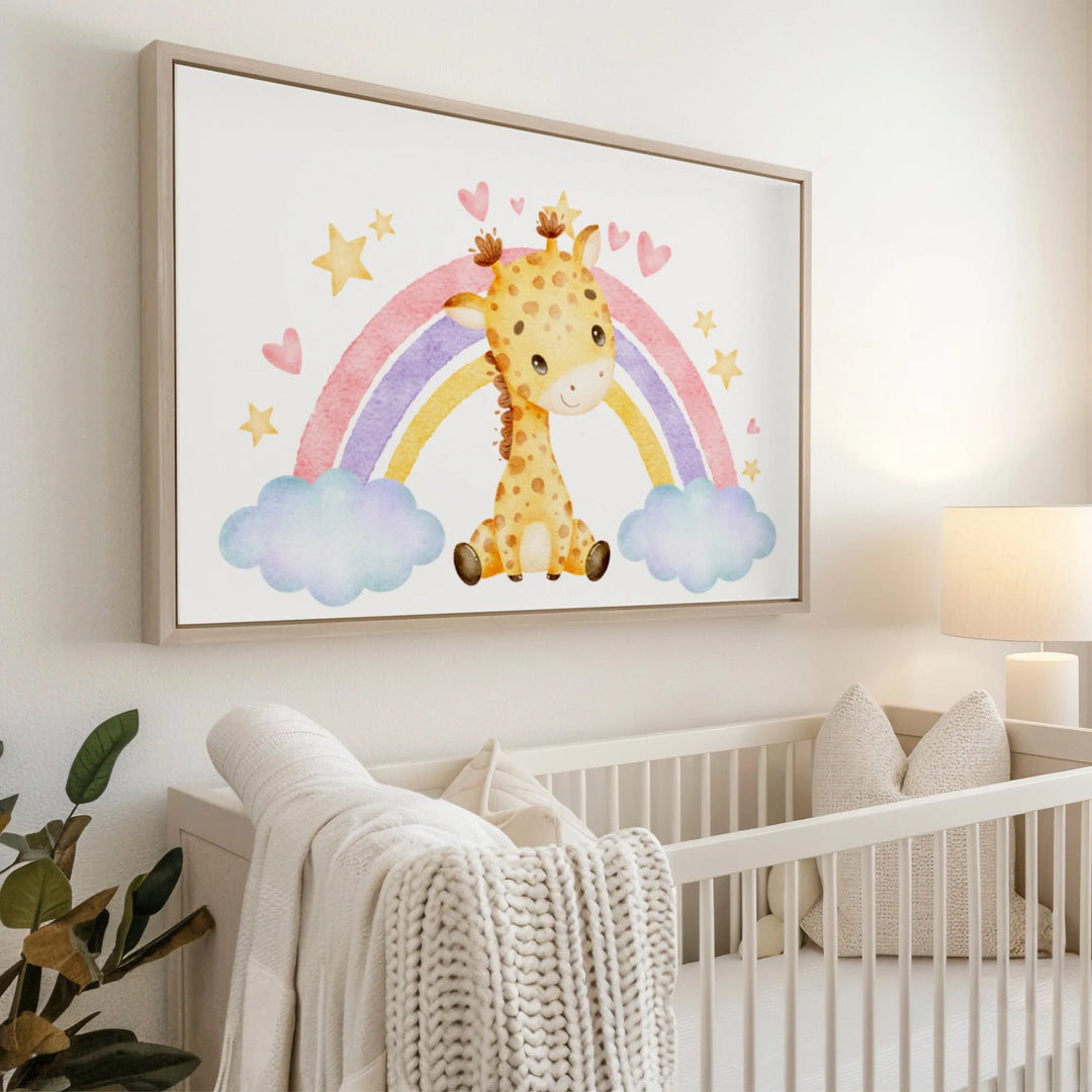 Nursery room wall art with cute watercolor giraffe, pastel rainbow, clouds, hearts and stars above crib