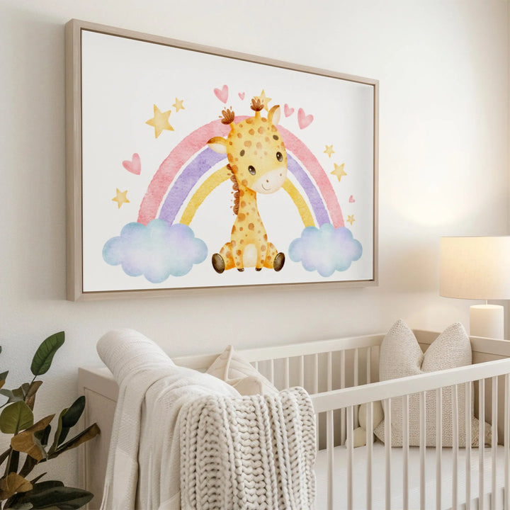 Nursery room wall art with cute watercolor giraffe, pastel rainbow, clouds, hearts and stars above crib