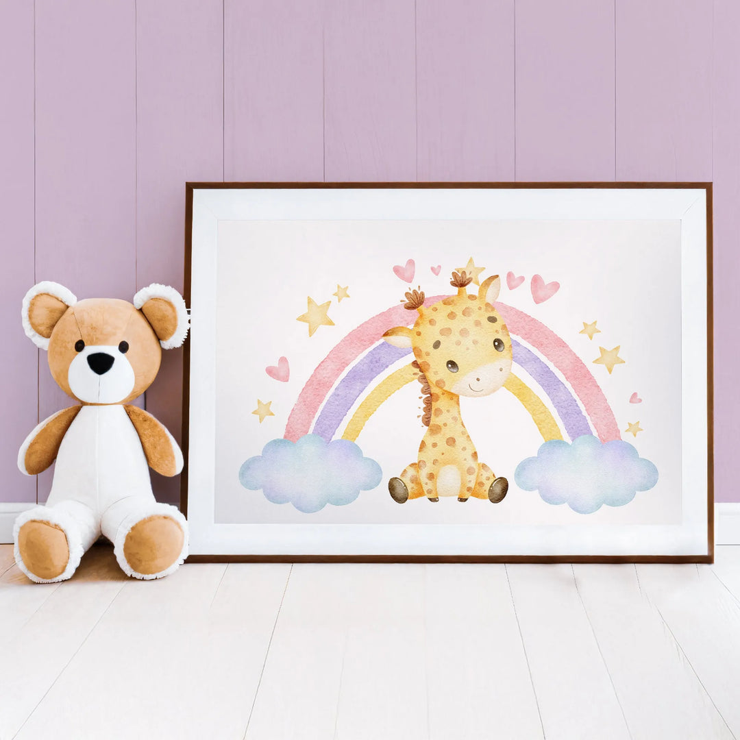 Rainbow Giraffe Nursery Poster – Cute Kids Room Wall Art with Clouds and Stars - iCustomLabel