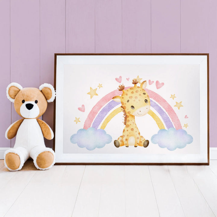 Rainbow Giraffe Nursery Poster – Cute Kids Room Wall Art with Clouds and Stars - iCustomLabel