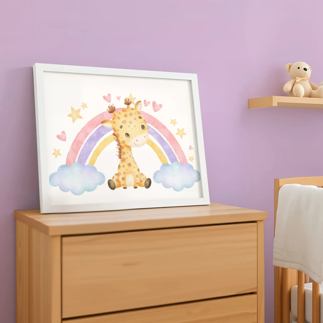 Rainbow Giraffe Nursery Poster – Cute Kids Room Wall Art with Clouds and Stars - iCustomLabel