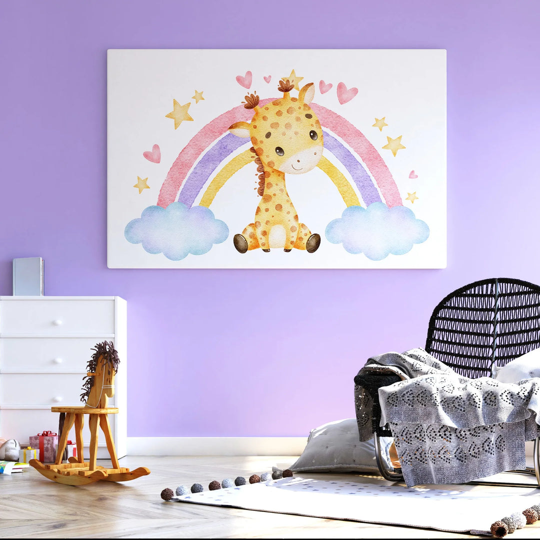 Rainbow Giraffe Nursery Poster – Cute Kids Room Wall Art with Clouds and Stars - iCustomLabel