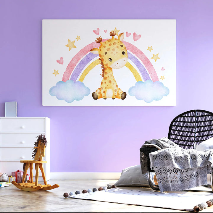 Rainbow Giraffe Nursery Poster – Cute Kids Room Wall Art with Clouds and Stars - iCustomLabel