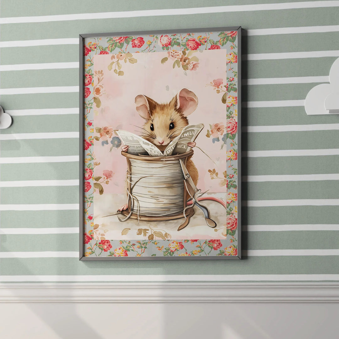 Reading Mouse Poster – Adorable Nursery Wall Art with Floral Border - iCustomLabel