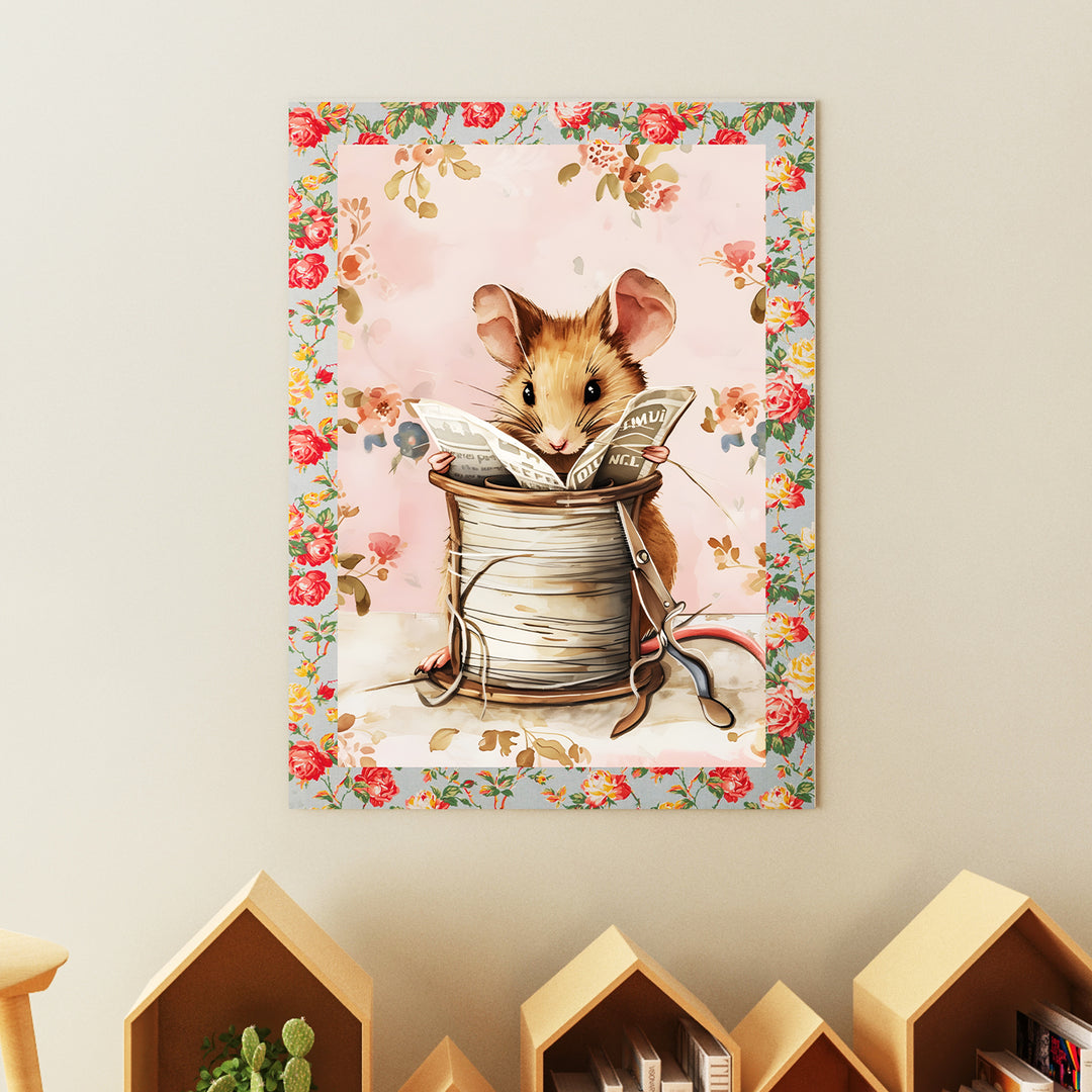 Reading Mouse Poster – Adorable Nursery Wall Art with Floral Border - iCustomLabel