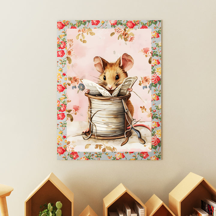 Reading Mouse Poster – Adorable Nursery Wall Art with Floral Border - iCustomLabel