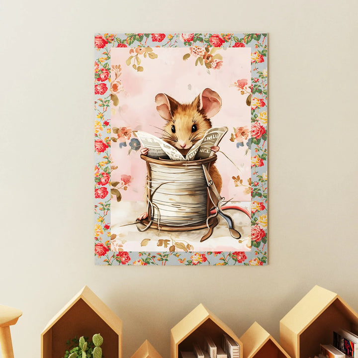 Nursery wall art featuring a cute mouse reading inside a spool of thread, floral border poster