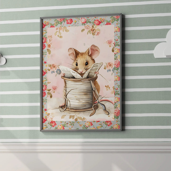 Reading Mouse Poster – Adorable Nursery Wall Art with Floral Border - iCustomLabel