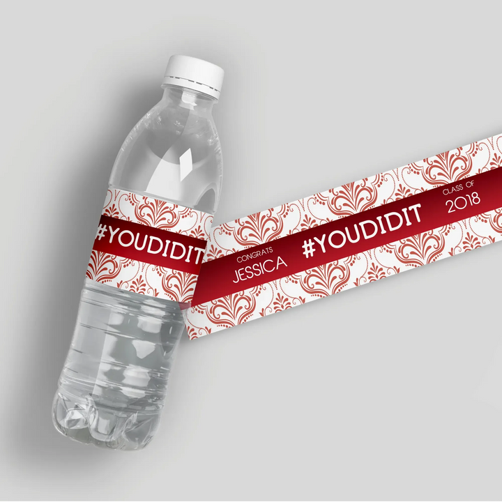 Red Ornate Graduation Water Bottle Labels - iCustomLabel