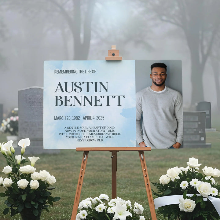 Remembering The Life Memorial Photo Poster with Blue Clouds Background