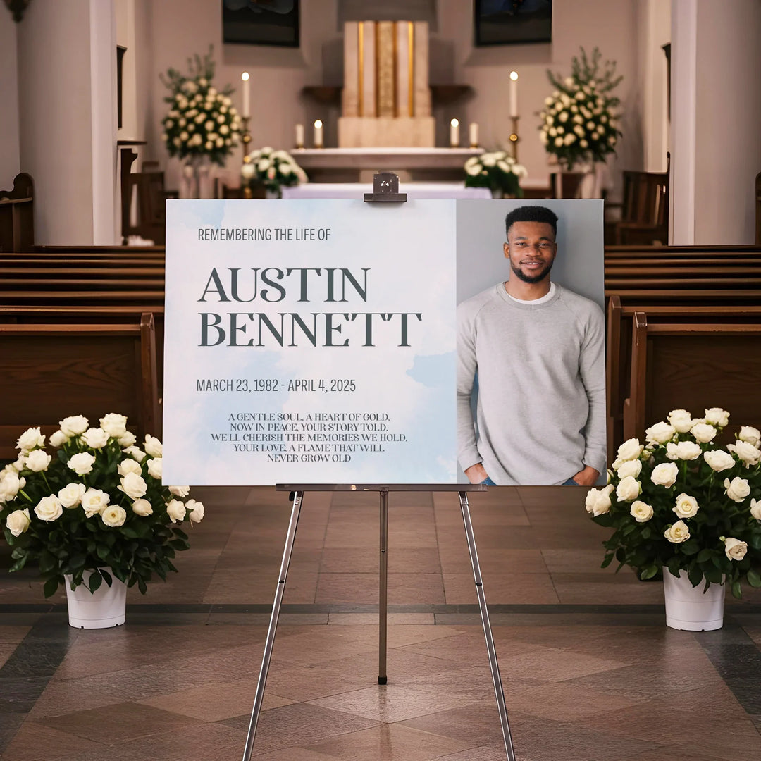 Remembering The Life Memorial Photo Poster with Blue Clouds Background