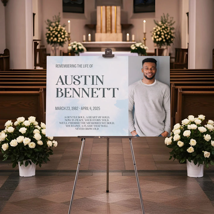 Remembering The Life Memorial Photo Poster with Blue Clouds Background